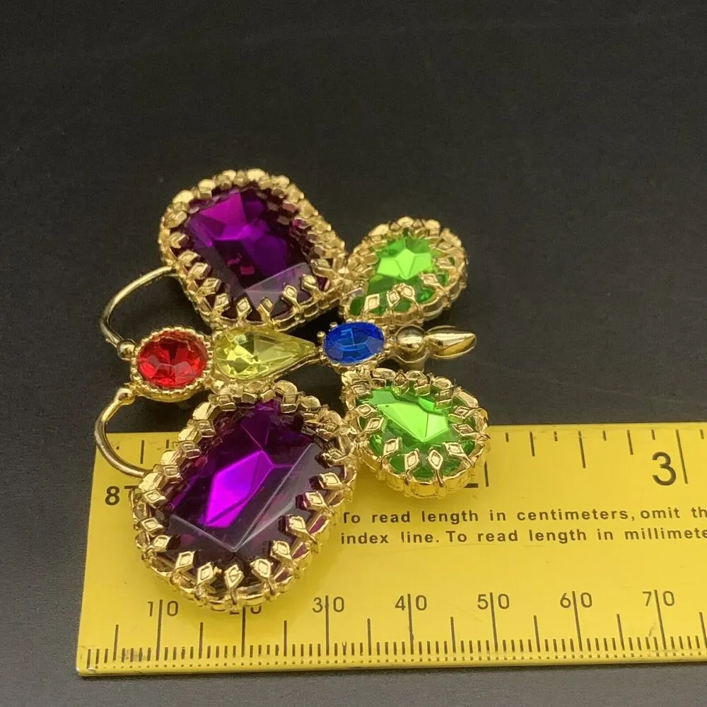 Vintage Rhinestone Butterfly Brooch Gold Tone Purple Green Red Yellow Blue